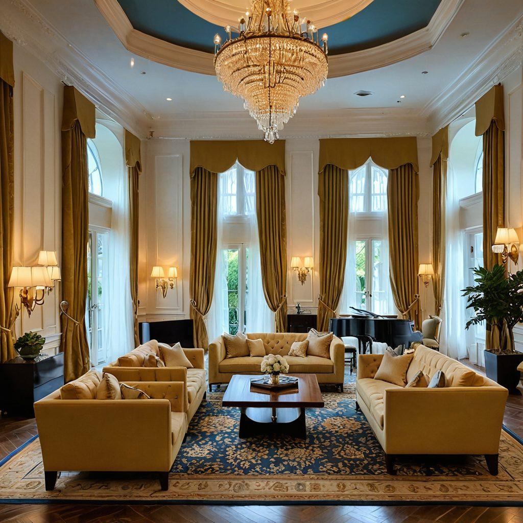A lavish hotel lobby bathed in warm, golden tones, featuring elegant chandeliers and plush seating. Show glimpses of the Georgian Terrace Hotel with its iconic architecture surrounded by lush green gardens under a clear blue sky. Include elements representing Atlanta's upscale vibe, like high-end shopping bags and fine dining. Capture the essence of Southern luxury with tasteful decor and cheerful guests enjoying their stay. super-realistic. vibrant colors. soft focus.